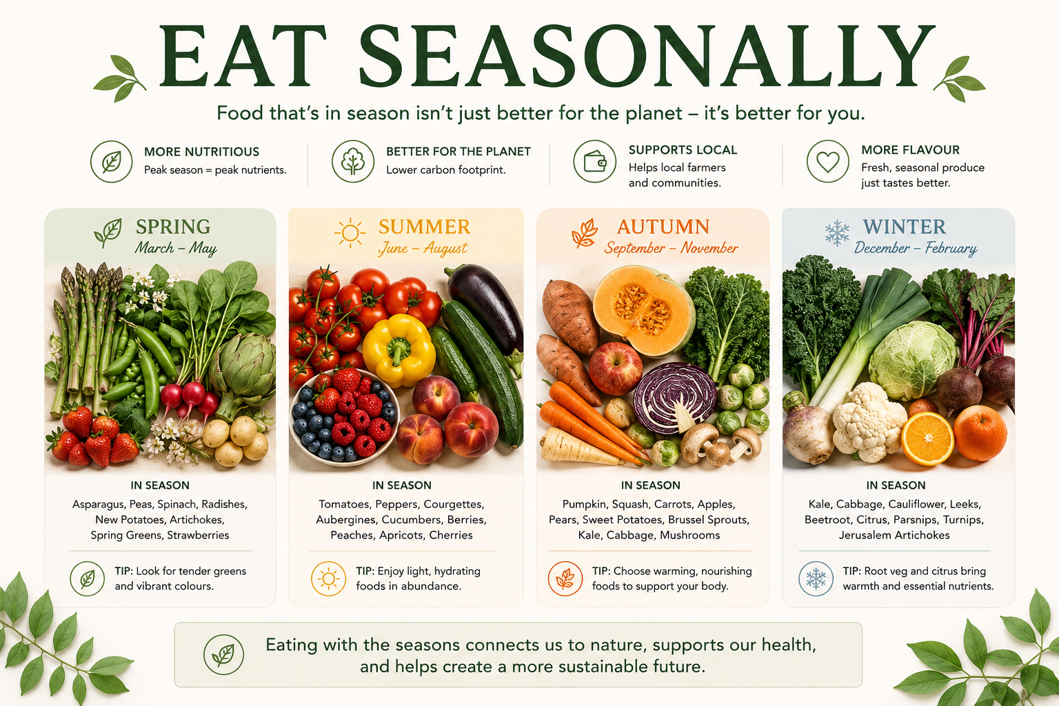 Seasonal eating infographic showing spring, summer, autumn and winter fruits and vegetables, highlighting the benefits of eating seasonal produce for better nutrition, sustainability and lifelong health.