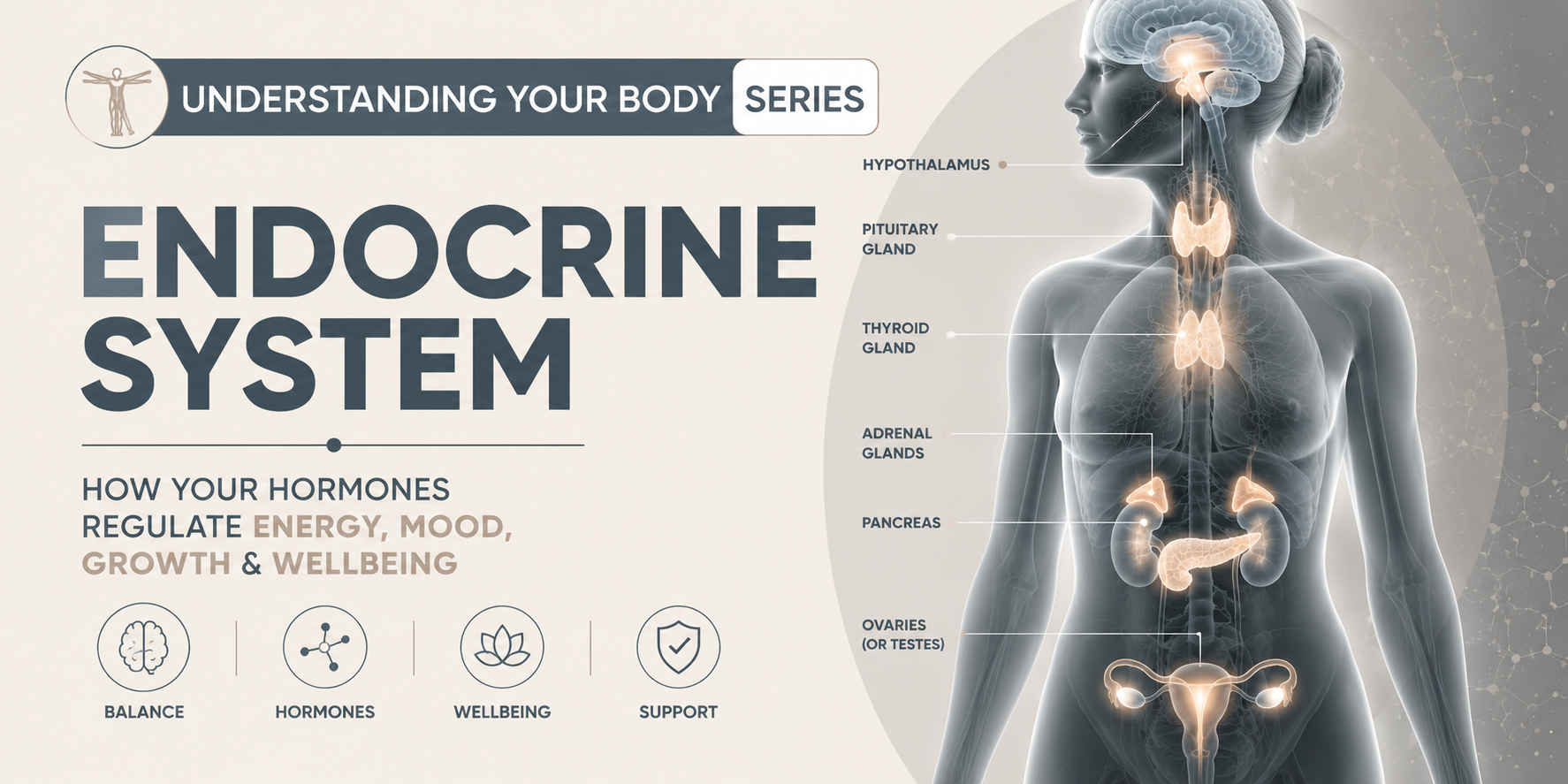 Understanding Your Body Series: Endocrine System hero banner showing the major endocrine glands, including the hypothalamus, pituitary, thyroid, adrenal glands, pancreas and ovaries, illustrating how hormones regulate metabolism, mood, growth, sleep and overall wellbeing.