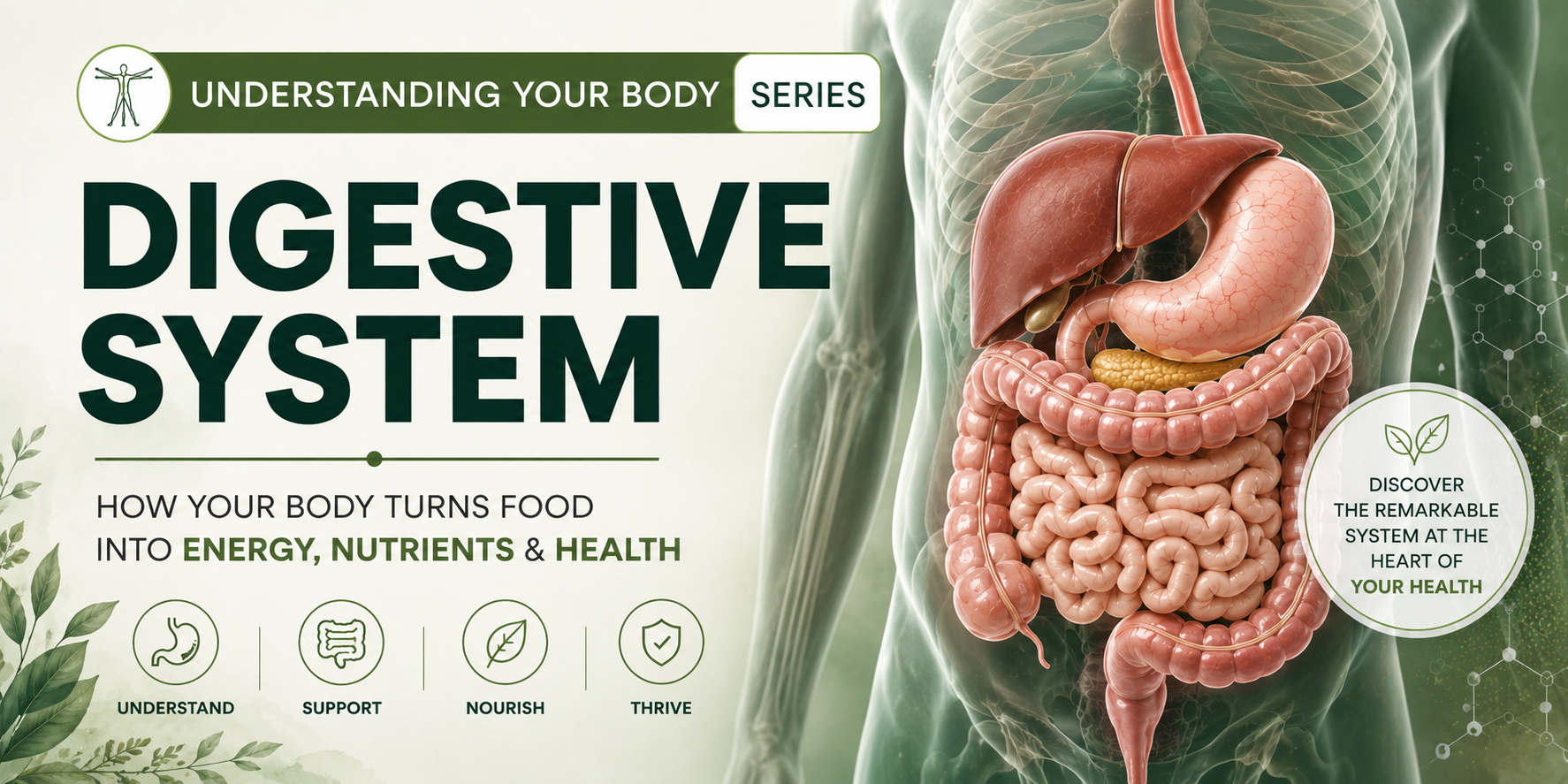 Hero banner for the Understanding Your Body series featuring a detailed illustration of the human digestive system, explaining how your body turns food into energy, nutrients and health.