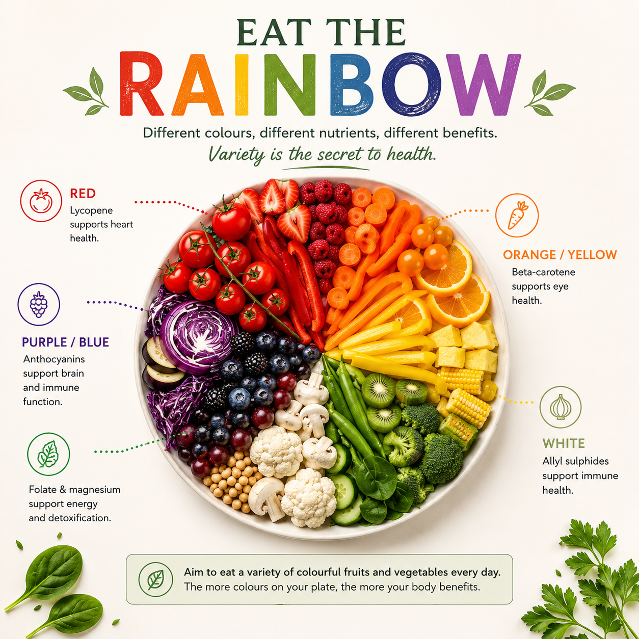 Colourful Eat the Rainbow nutrition infographic showing fruits and vegetables of different colours and the nutrients and health benefits they provide to support lifelong health.
