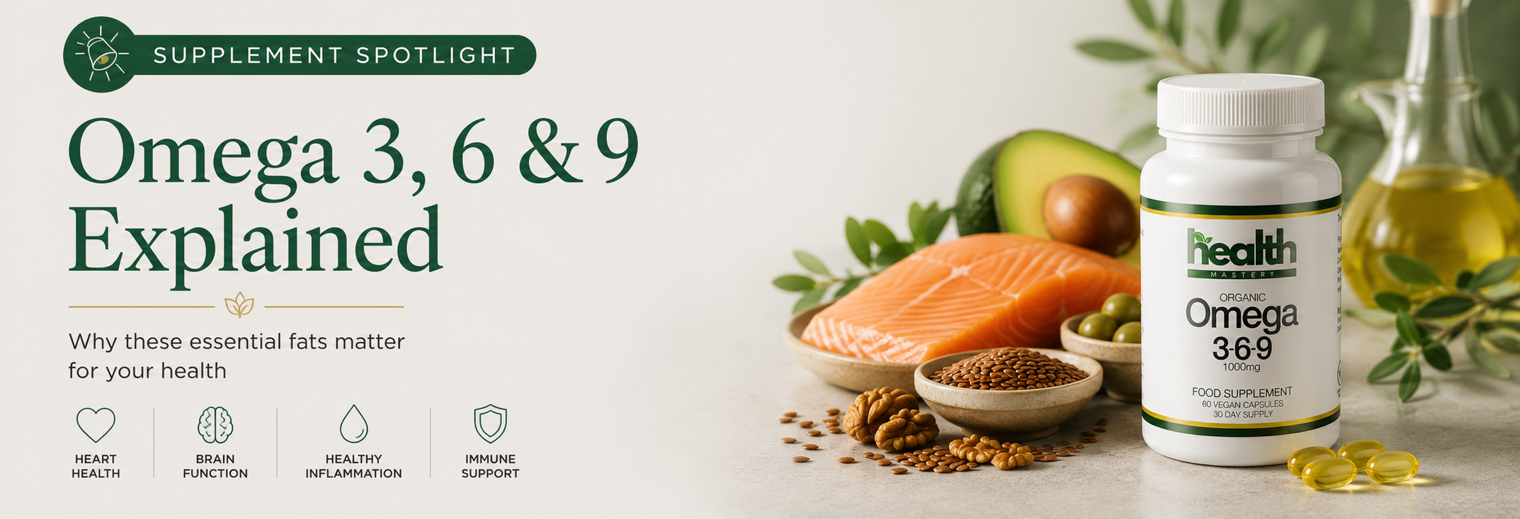 Health Mastery Supplement Spotlight hero banner featuring Organic Omega 3-6-9 capsules alongside salmon, avocado, flaxseed, walnuts and olive oil, illustrating the health benefits of omega fatty acids for heart, brain, immune and overall wellbeing.