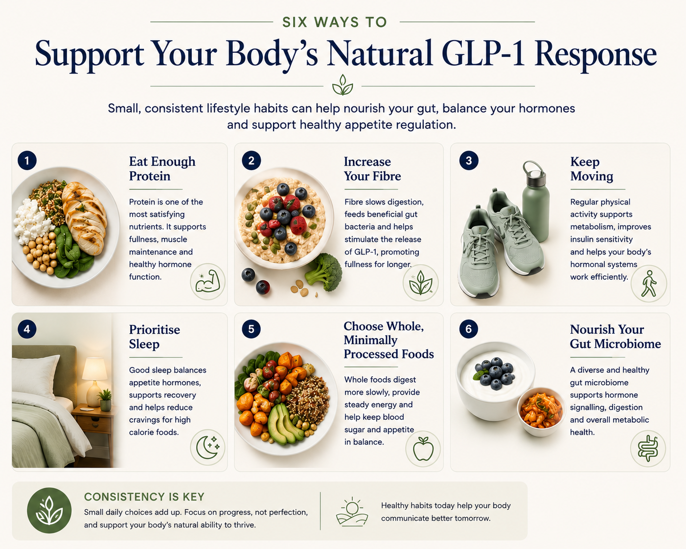 Infographic highlighting six evidence-based ways to support the body's natural GLP-1 response, including protein, fibre, exercise, sleep, whole foods and a healthy gut microbiome.