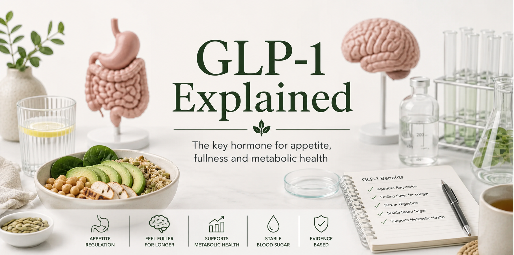Hero banner for a GLP-1 Explained article featuring anatomical models of the digestive system and brain alongside healthy foods and laboratory glassware, illustrating the role of the GLP-1 hormone in appetite regulation, fullness and metabolic health.