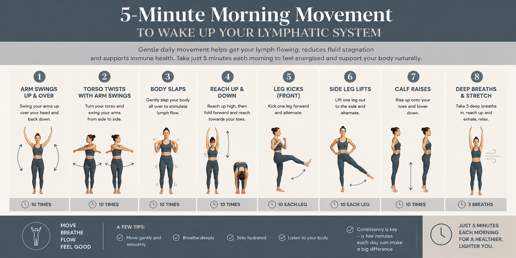Health Mastery infographic showing a simple 5-minute morning lymphatic movement routine with eight gentle exercises, including arm swings, torso twists, body slaps, forward reaches, leg kicks, side leg lifts, calf raises and deep breathing to support healthy lymphatic flow and immune health.