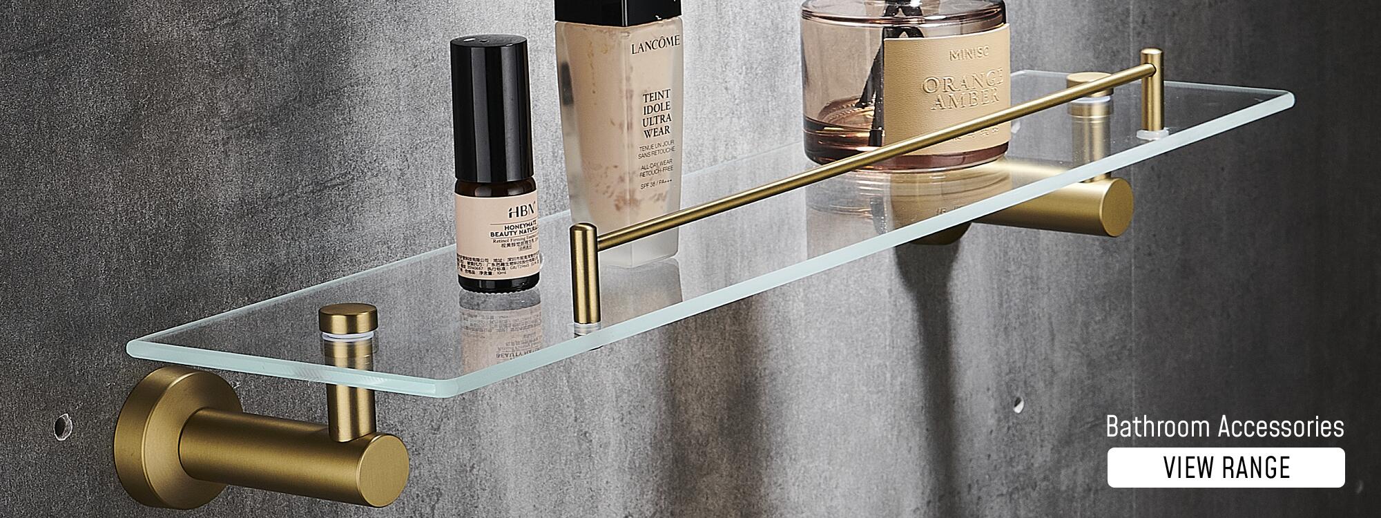 Bathroom accessories including glass shelf, toilet roll holder,  robe hooks. From Greened House UK