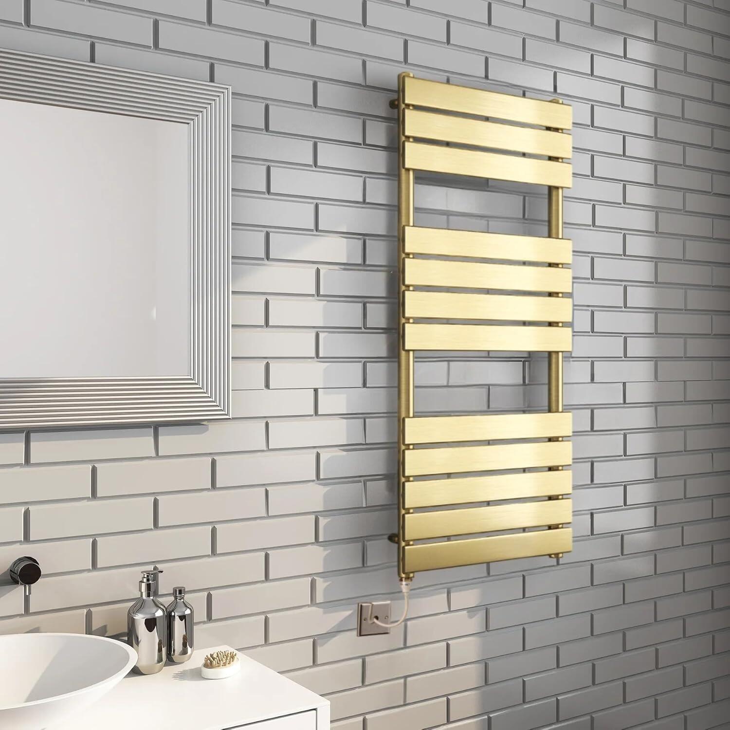 Brushed Brass Electric Heated Towel Rail Flat Panel Bathroom Radiator