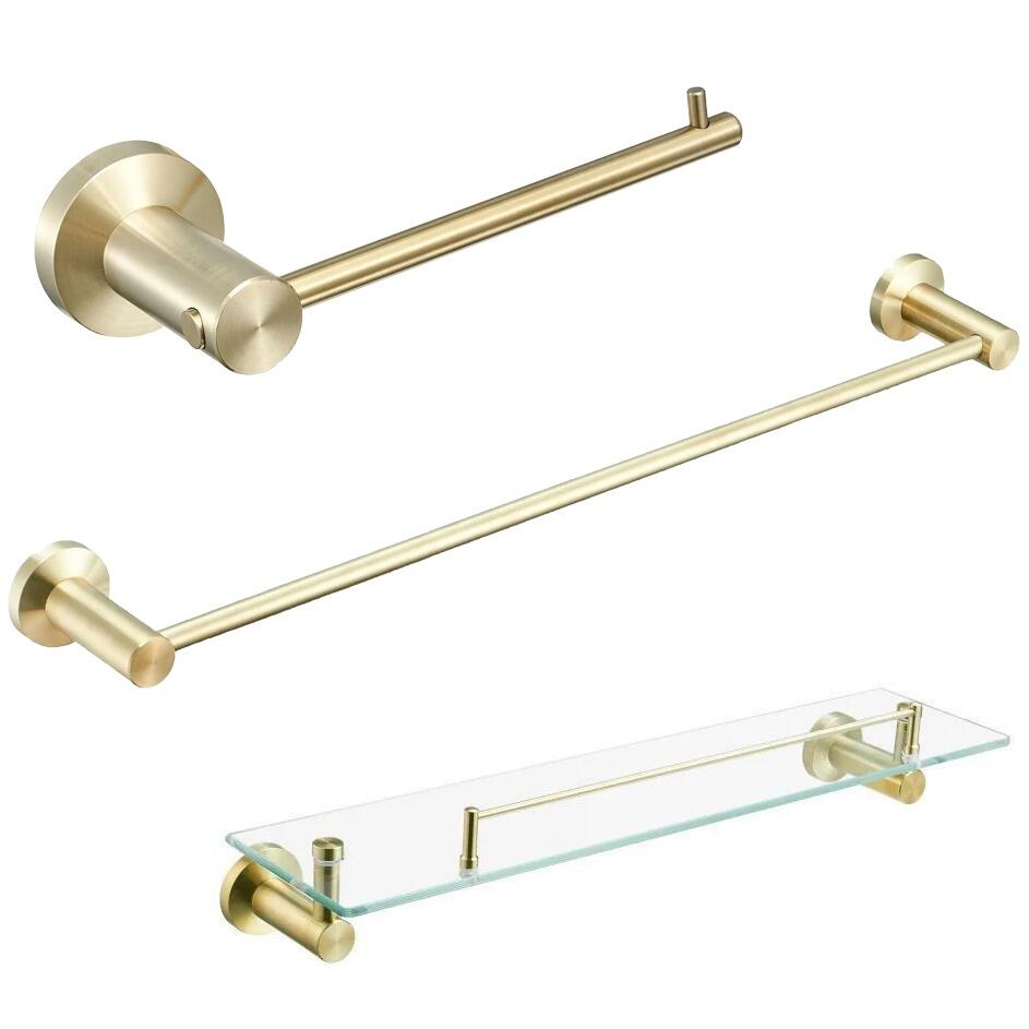 Brushed Brass Bathroom Accessories Including Bar, Shelf and Toilet Roll Holder
