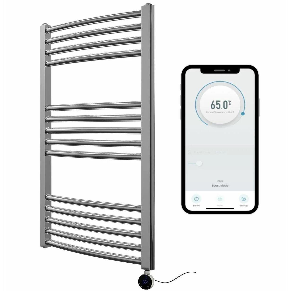Chrome Wifi Controlled Smart Electric Heated Curved Towel Rail