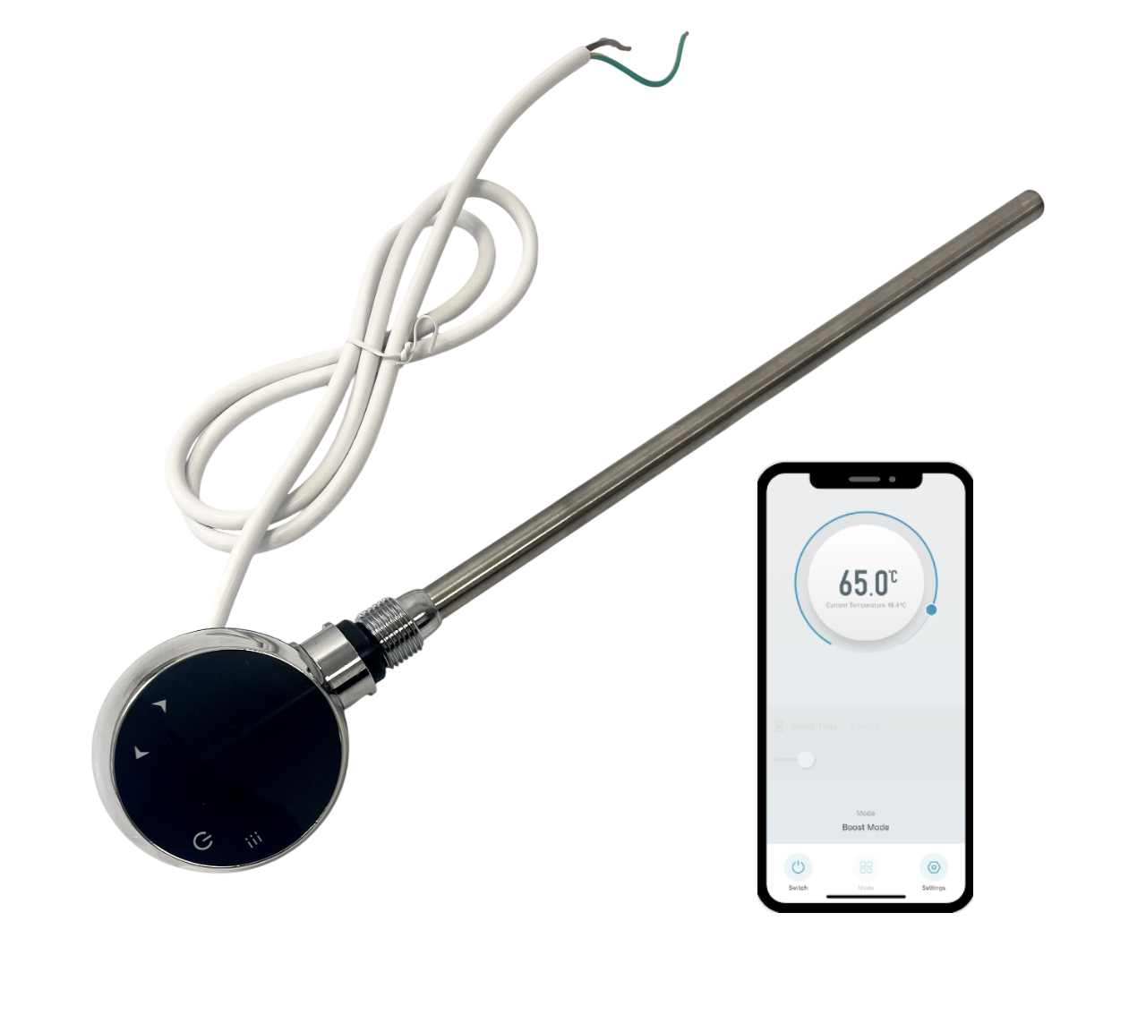 200W WiFi Smart Heating Element For Towel Rails & Radiators - LED Touchscreen Thermostat With App Control