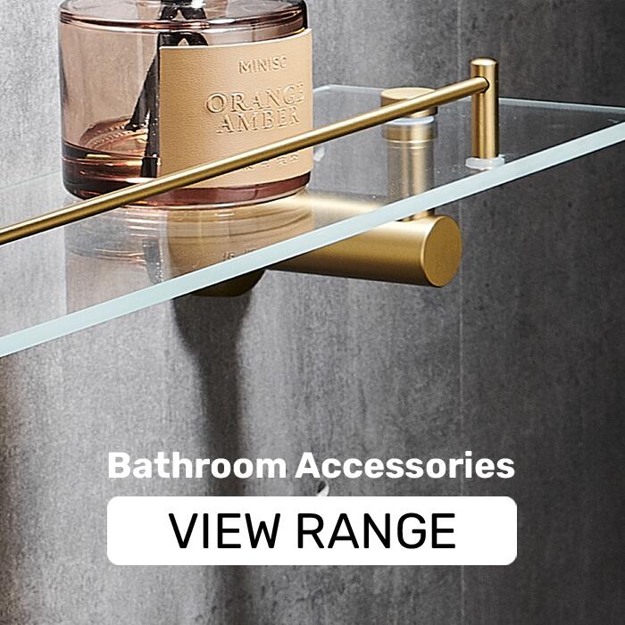 Bathroom accessories including glass shelf, toilet roll holder,  robe hooks. From Greened House UK