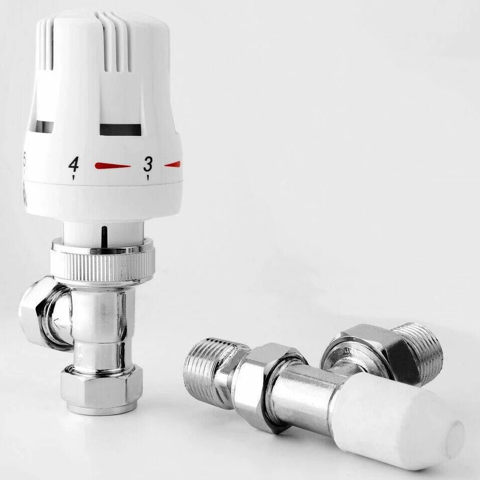 Angled White TRV and Lockshield Valve for Radiators or Towel Rails