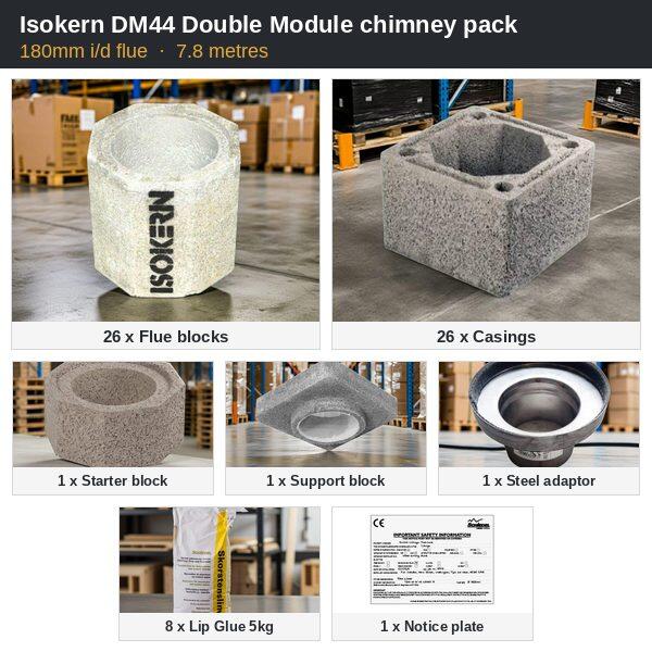 Isokern DM44 180mm i/d chimney pack, 7.8m: 26 flue blocks, casings and starter block with support block and adaptor