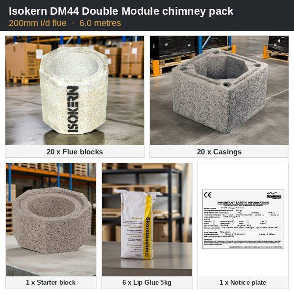 Isokern DM44 200mm i/d chimney pack, 6.0m: 20 flue blocks, casings and starter block
