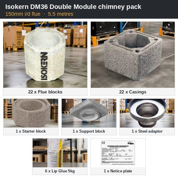 Isokern DM36 150mm i/d chimney pack, 5.5m: 22 flue blocks, casings and starter block with support block and adaptor