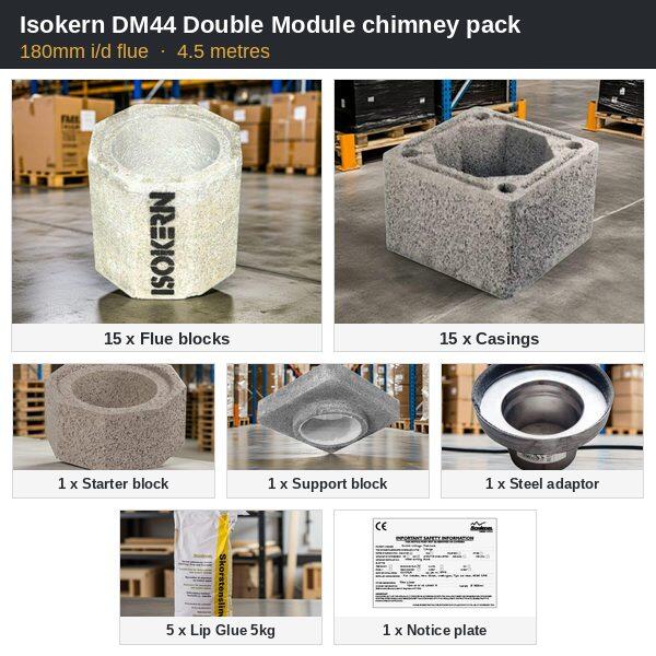 Isokern DM44 180mm i/d chimney pack, 4.5m: 15 flue blocks, casings and starter block with support block and adaptor