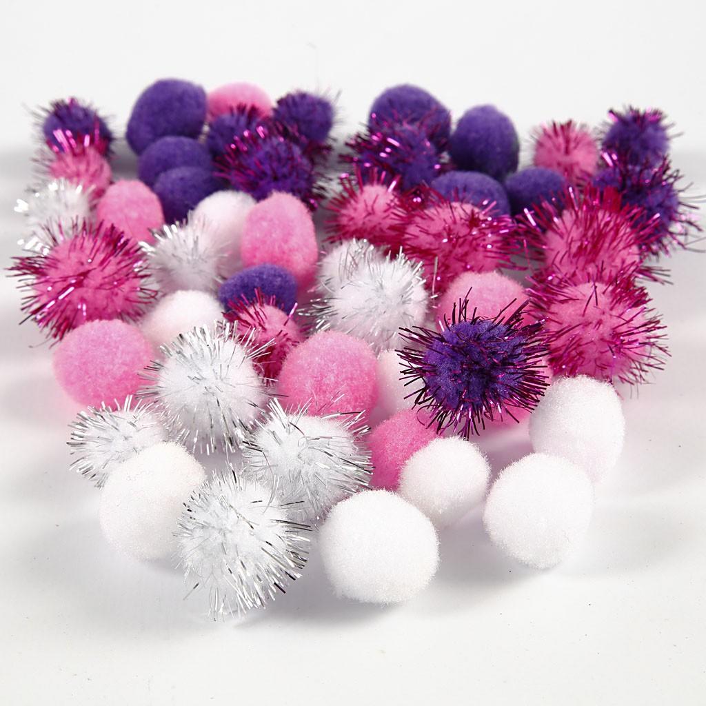 Pom poms, D15+20mm, White, Purple, Pink. CC51884