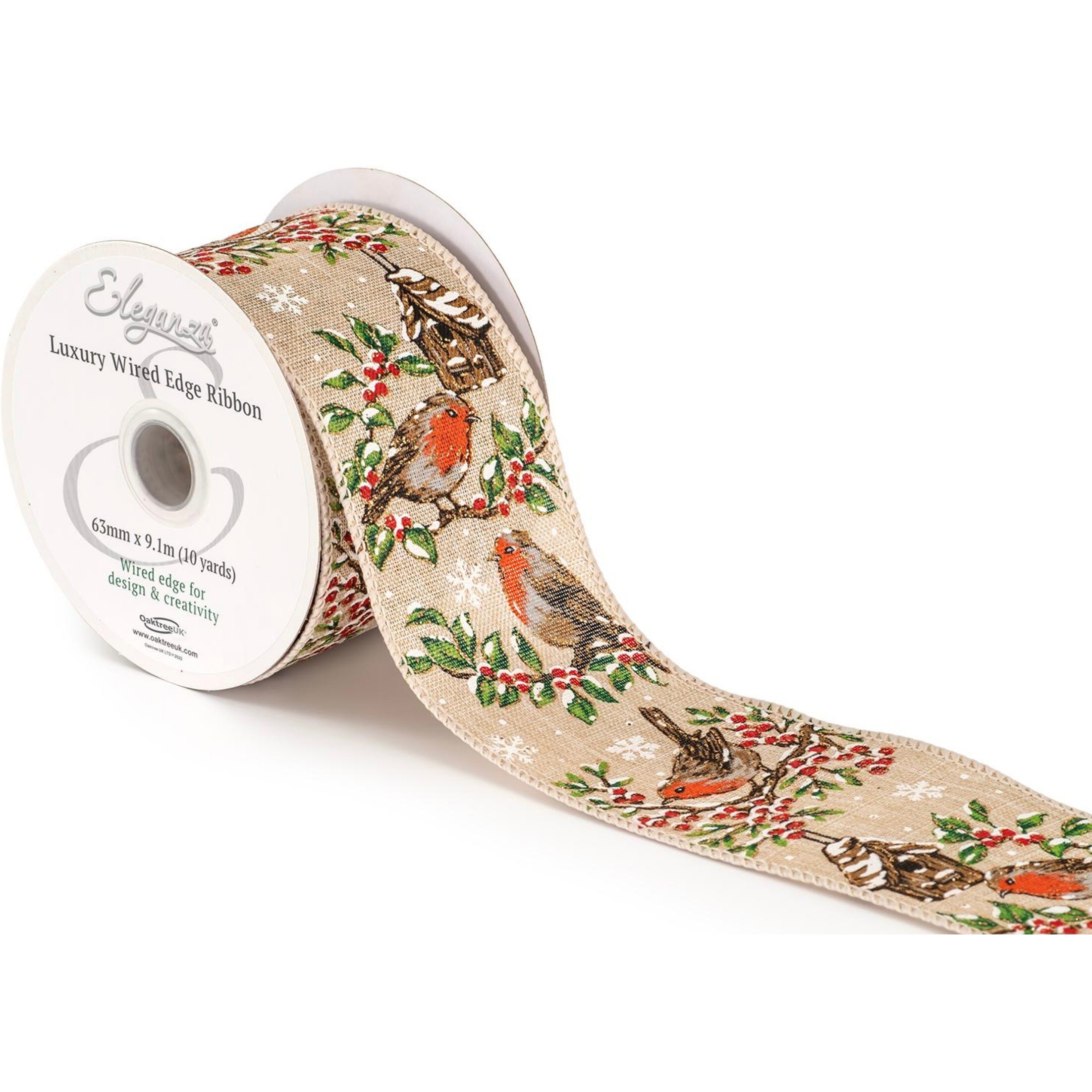 Luxury Wired Ribbon: Festive Robin - 63mm Luxury Wired Ribbon: Festive Robin - 63mm
