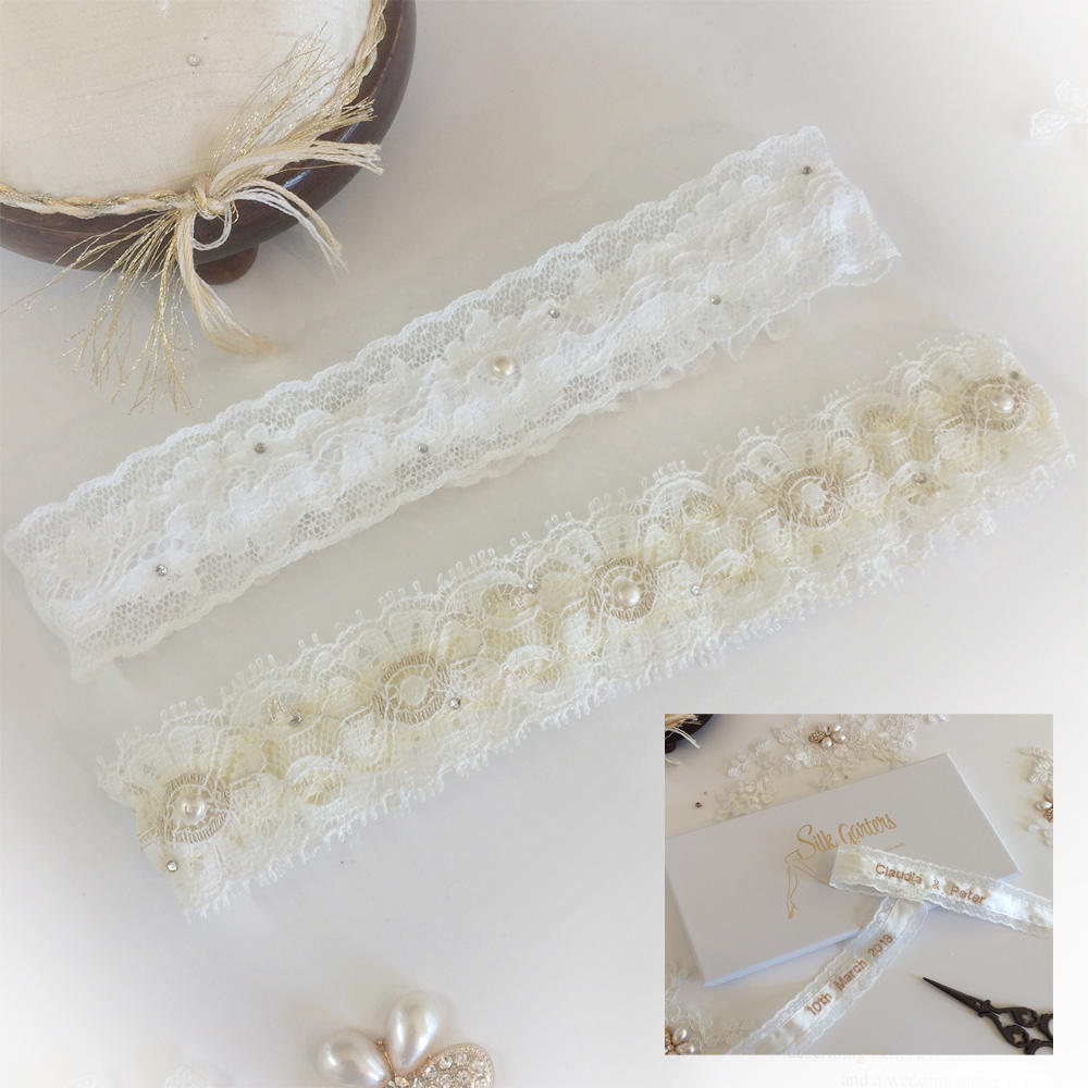 Purity Ivory Delicate Lace Wedding Garter with Pearl Droplet