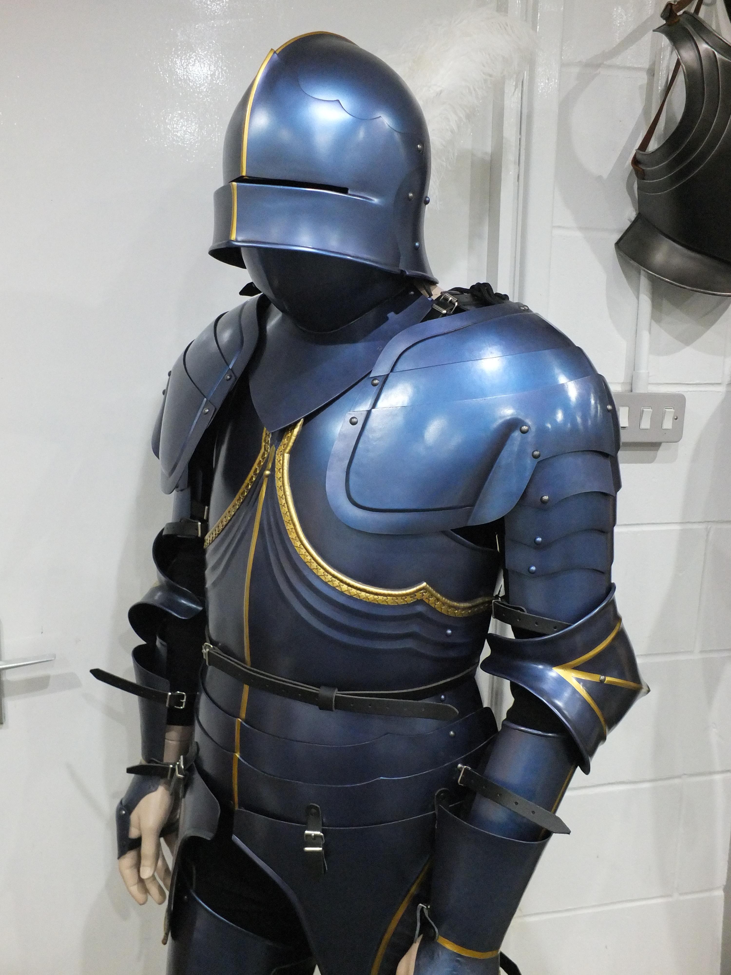 Decorative Gothic armour set in custom blued steel and gold finish