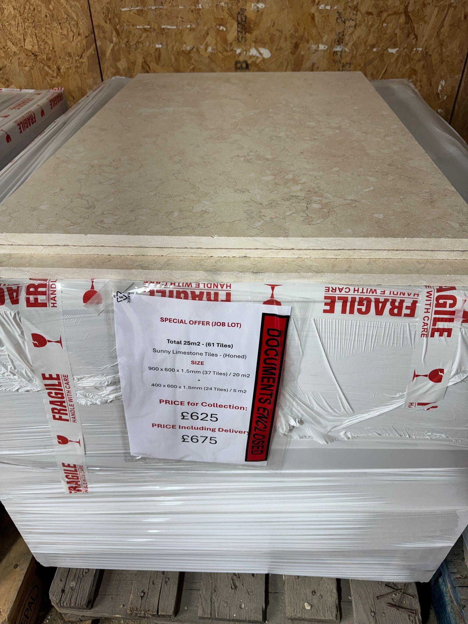 25m2 - Sunny Limestone Tiles (Honed)- 600 x 900 x 15mm + 600 x 400 x 15mm (£625)