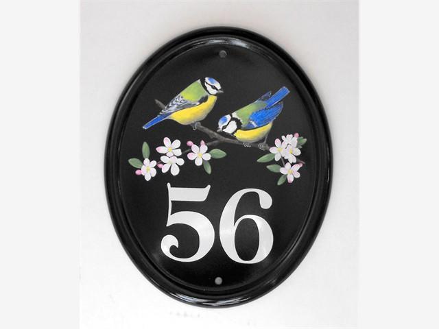 Two bluetits house number plate