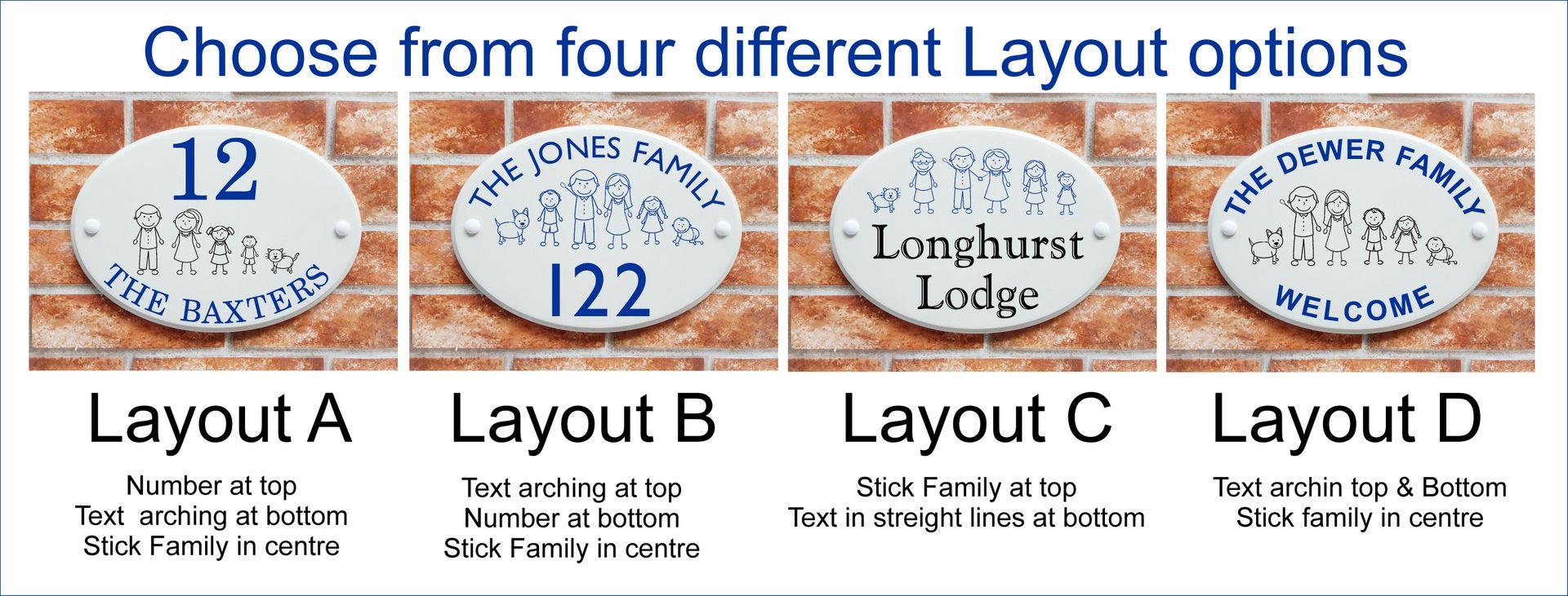Text layout options for house name and number signs with stick family