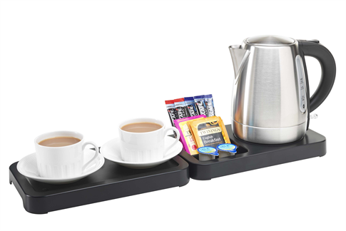 black hotel welcome tray with stainless steel kettle