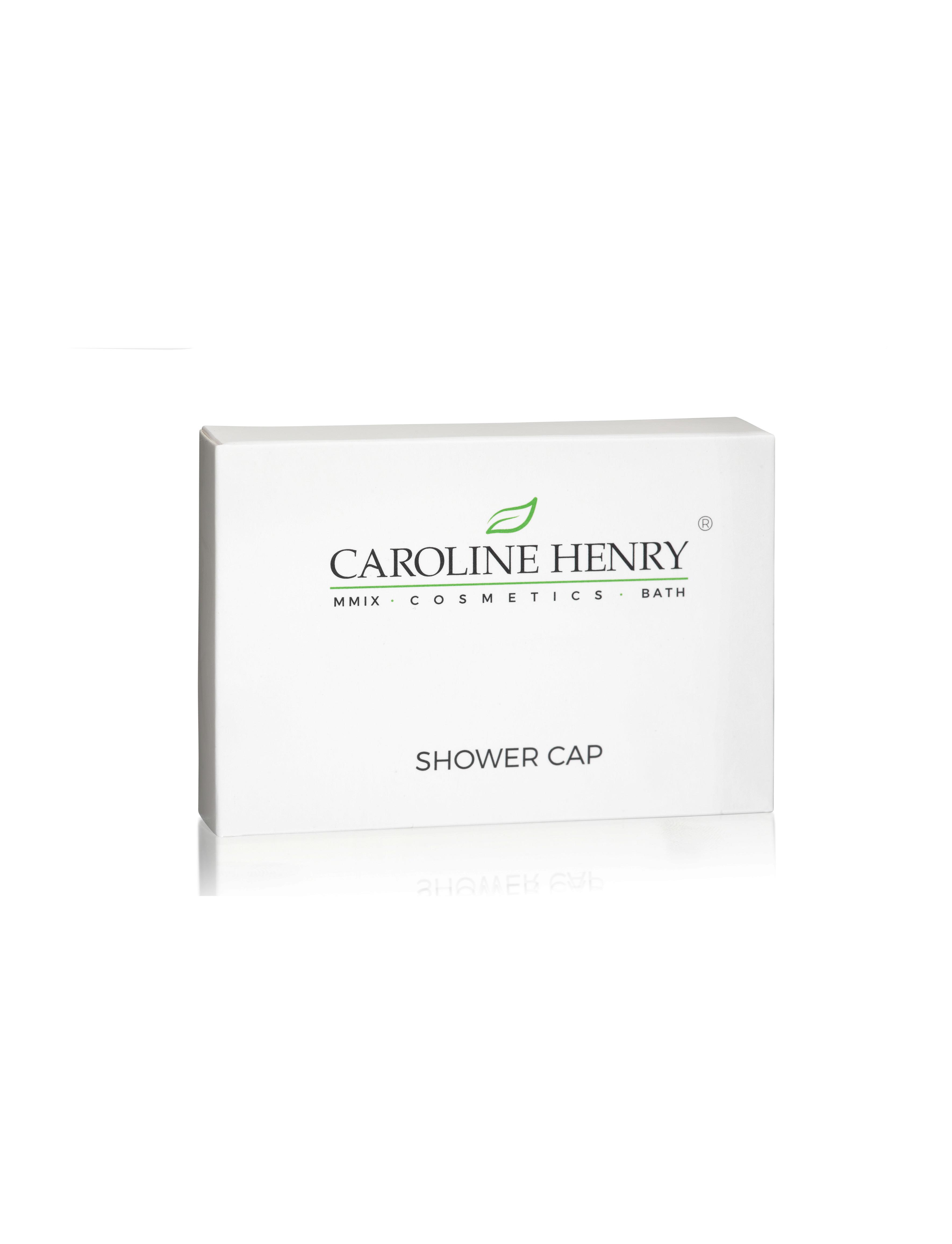 caroline henry hotel shower cap in a gloss white box