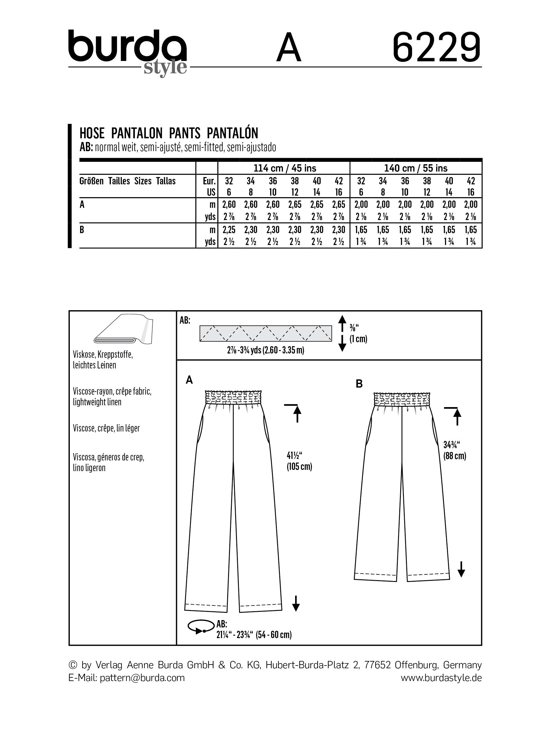 Burda B6229 Trousers/Pants with Elastic Waist with Pockets in Seams Sewing Pattern