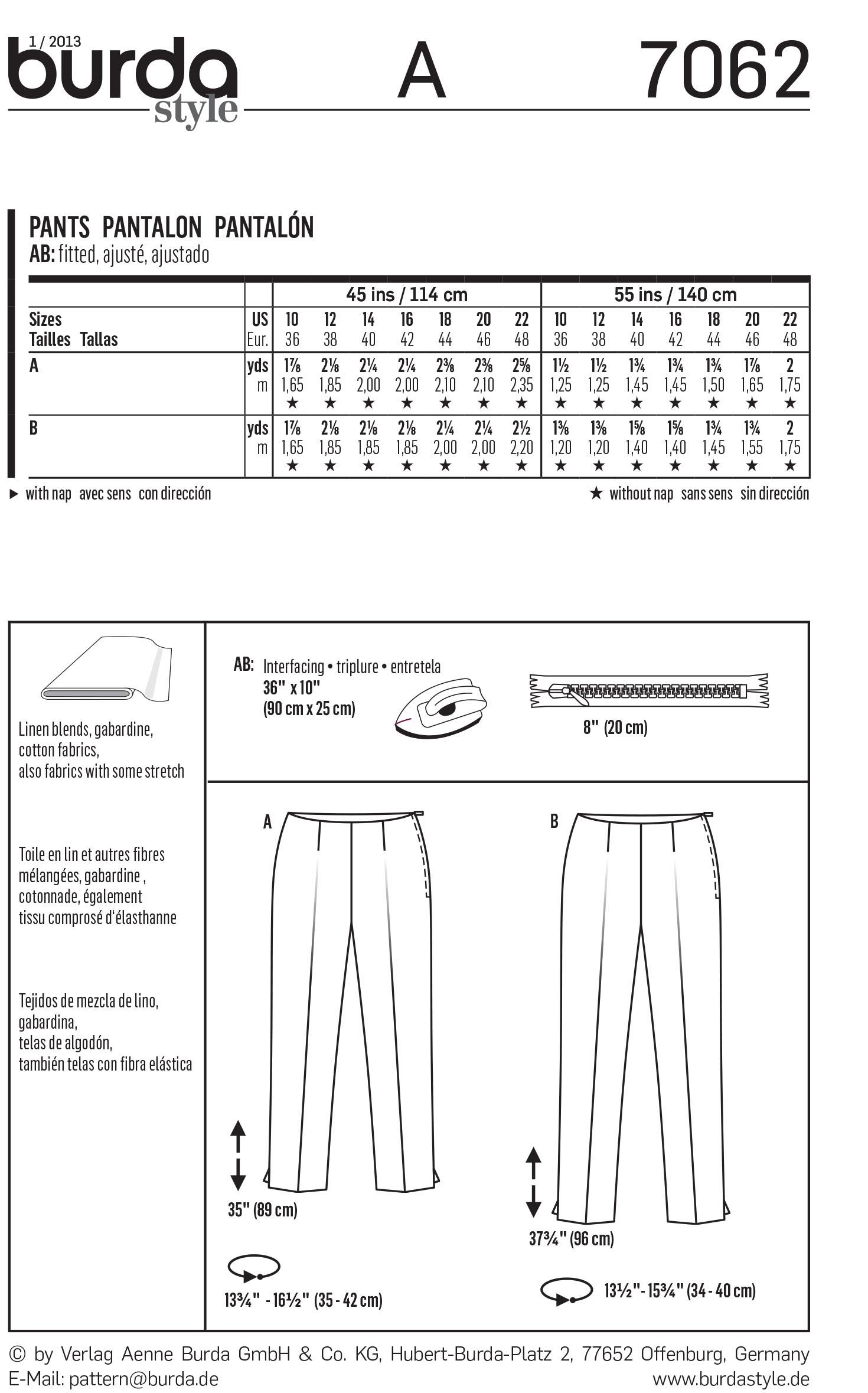Burda B7062 Trousers Sewing Pattern