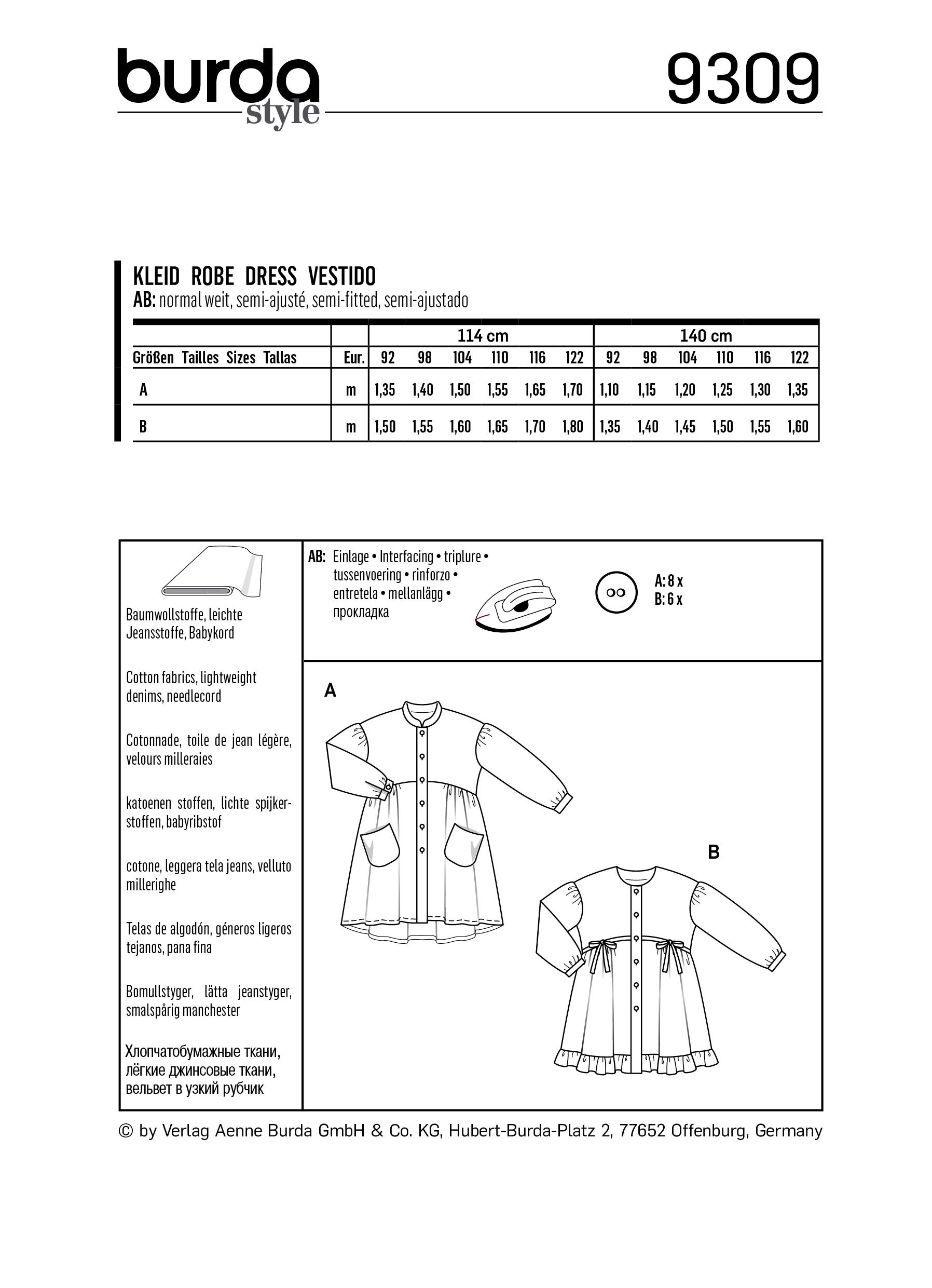 Burda 9309 Children's Dresses, Buttons at Front, with Trim and Pocket Variations