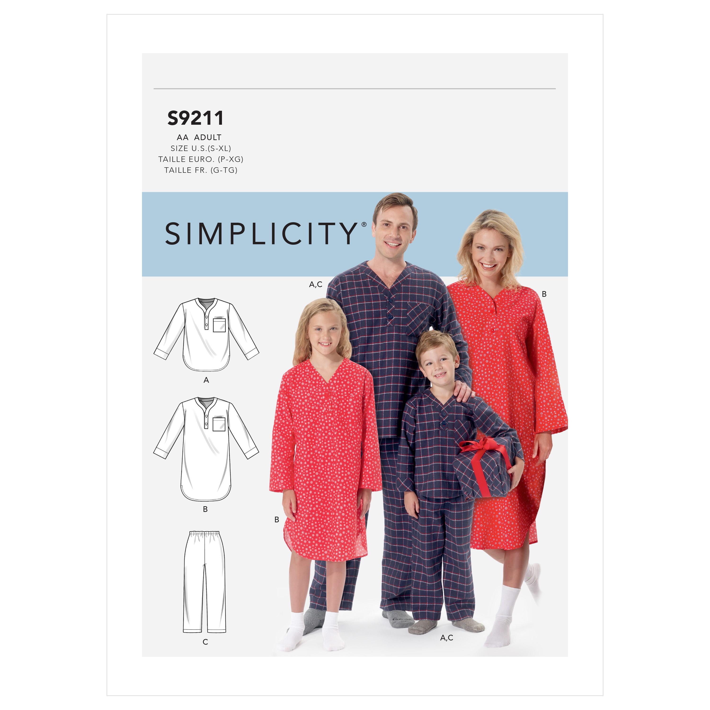 Simplicity S9211 Misses'/Men's/Boys'/Girls' Patch Pocket Top, Nightshirt and Pants