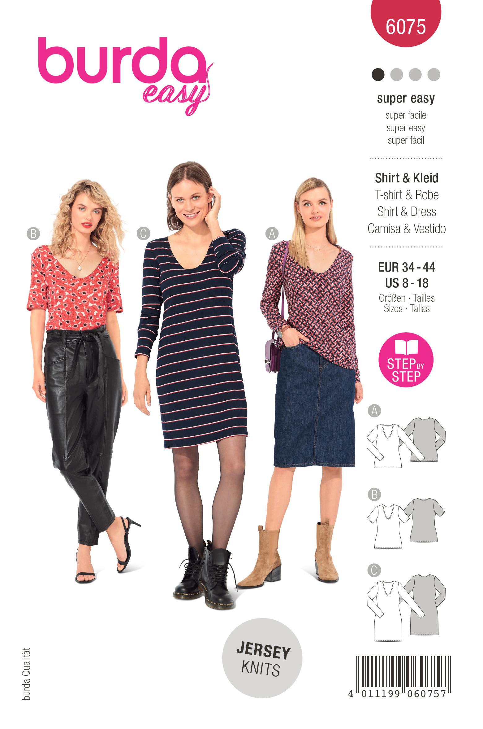 Burda Style Pattern 6075 Misses' Top, Dress ? Slim Shape with V-Neck