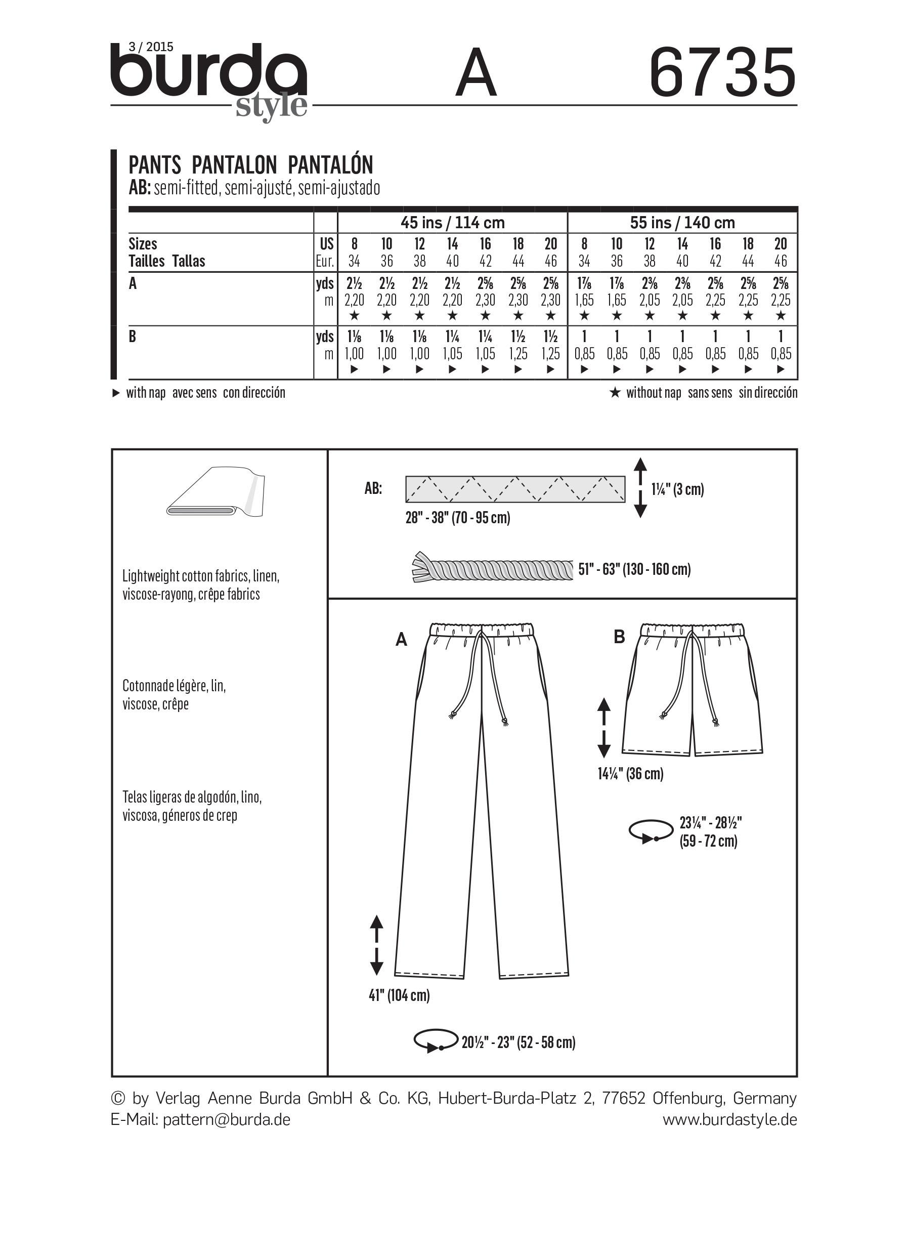 Burda B6735 Women's Trousers Sewing Pattern