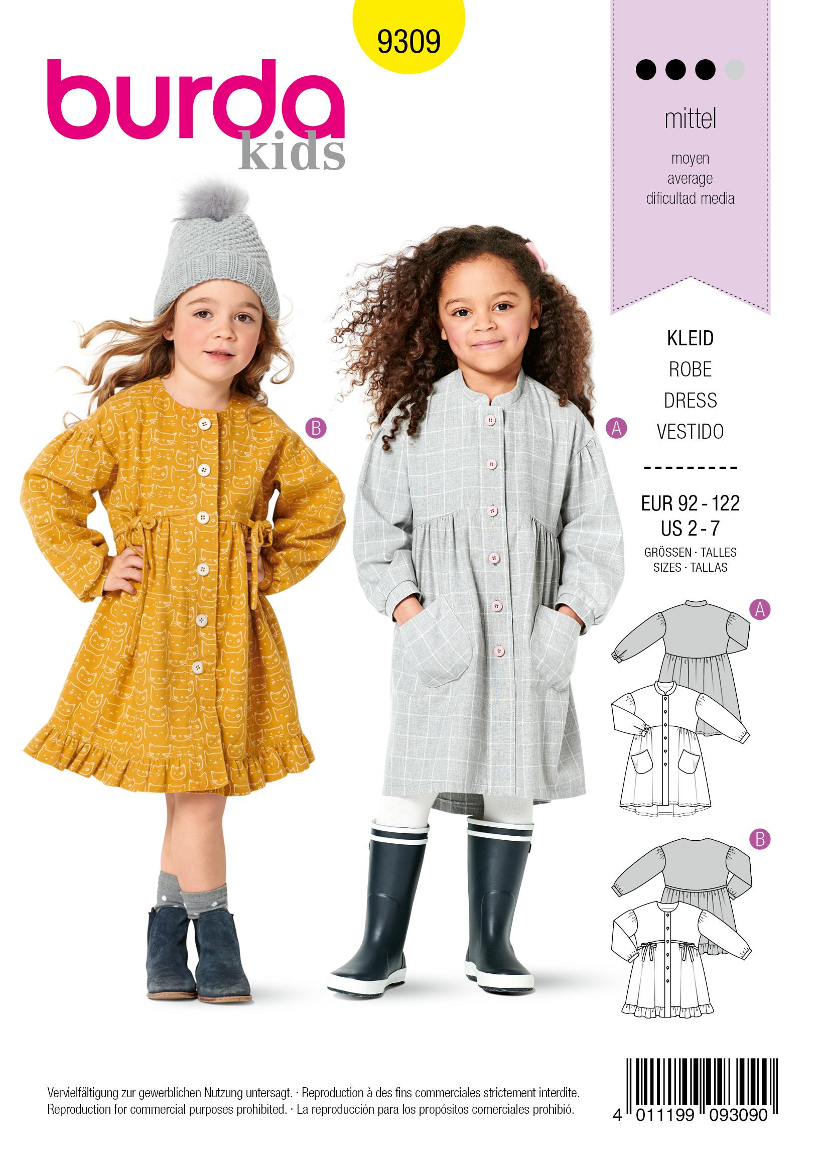 Burda 9309 Children's Dresses, Buttons at Front, with Trim and Pocket Variations