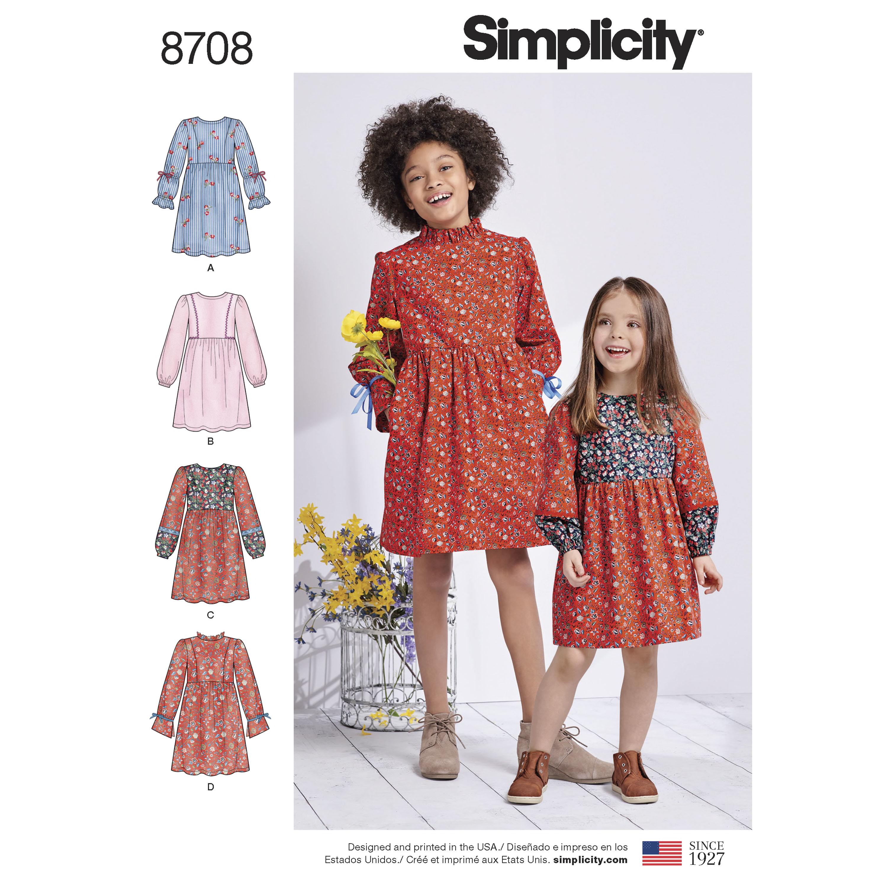 Simplicity S8708 Child's and Girls' Dress with Sleeve Variations