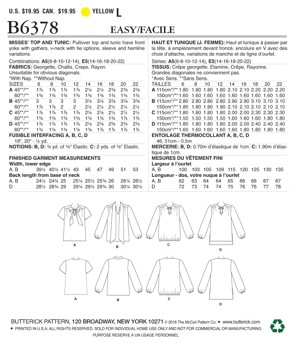 Butterick B6378 Misses' Gathered Tops and Tunics with Neck Ties