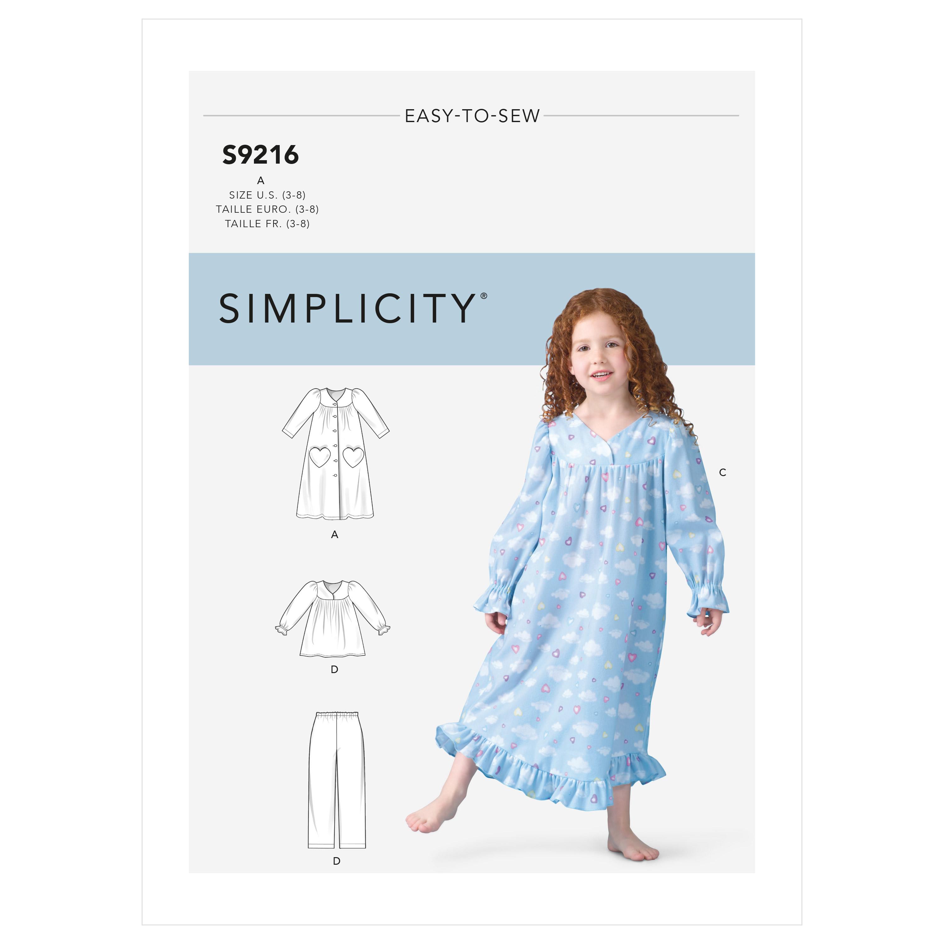 Simplicity Sewing Pattern S9216 Children's Robe, Gowns, Top & Pants