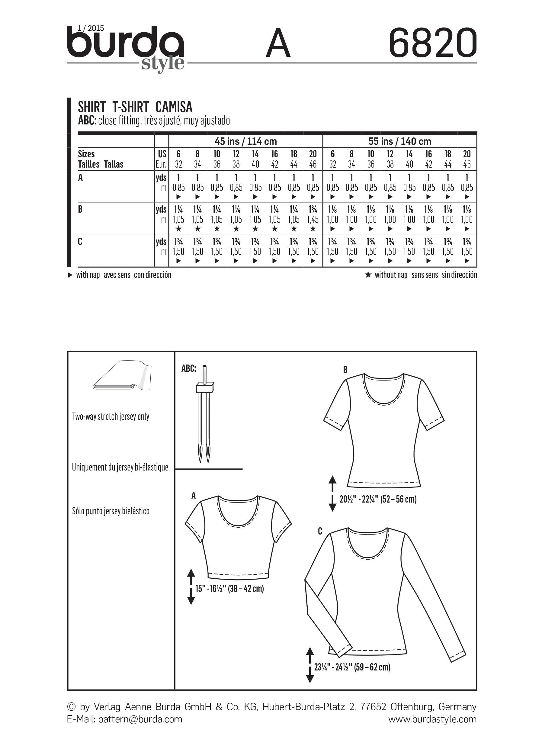 Burda B6820 Tops, Shirts, Blouses Sewing Pattern