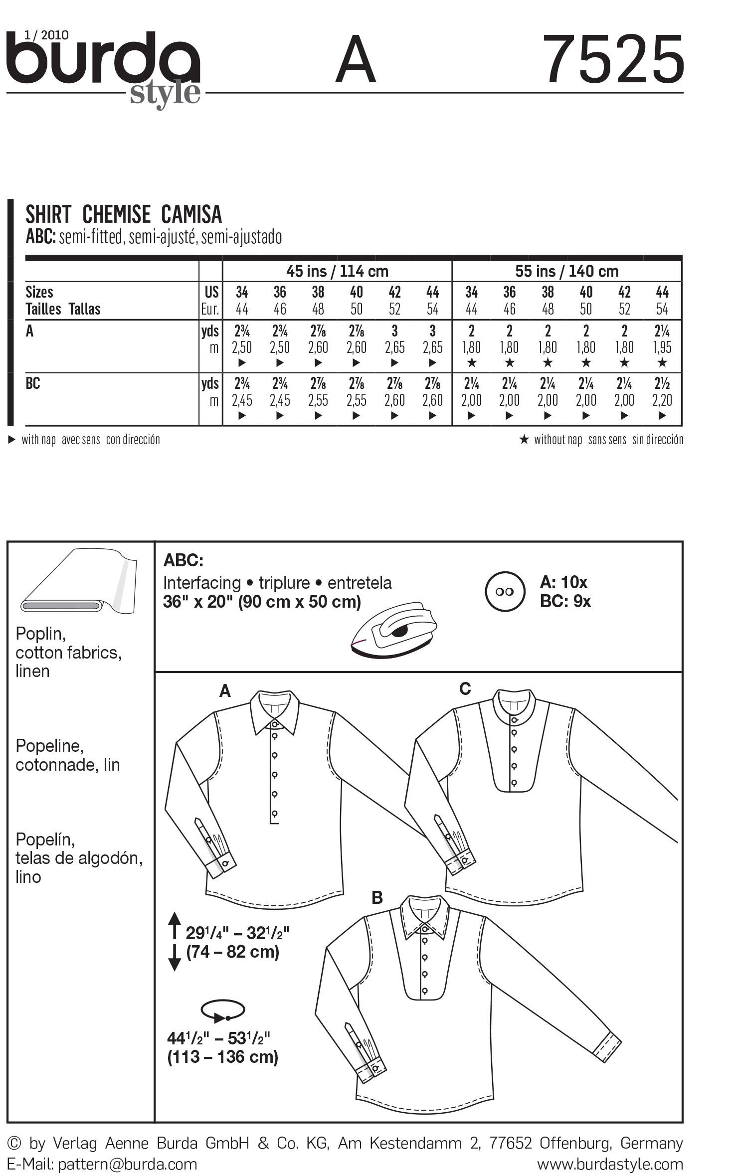 Burda B7525 Shirt Sewing Pattern