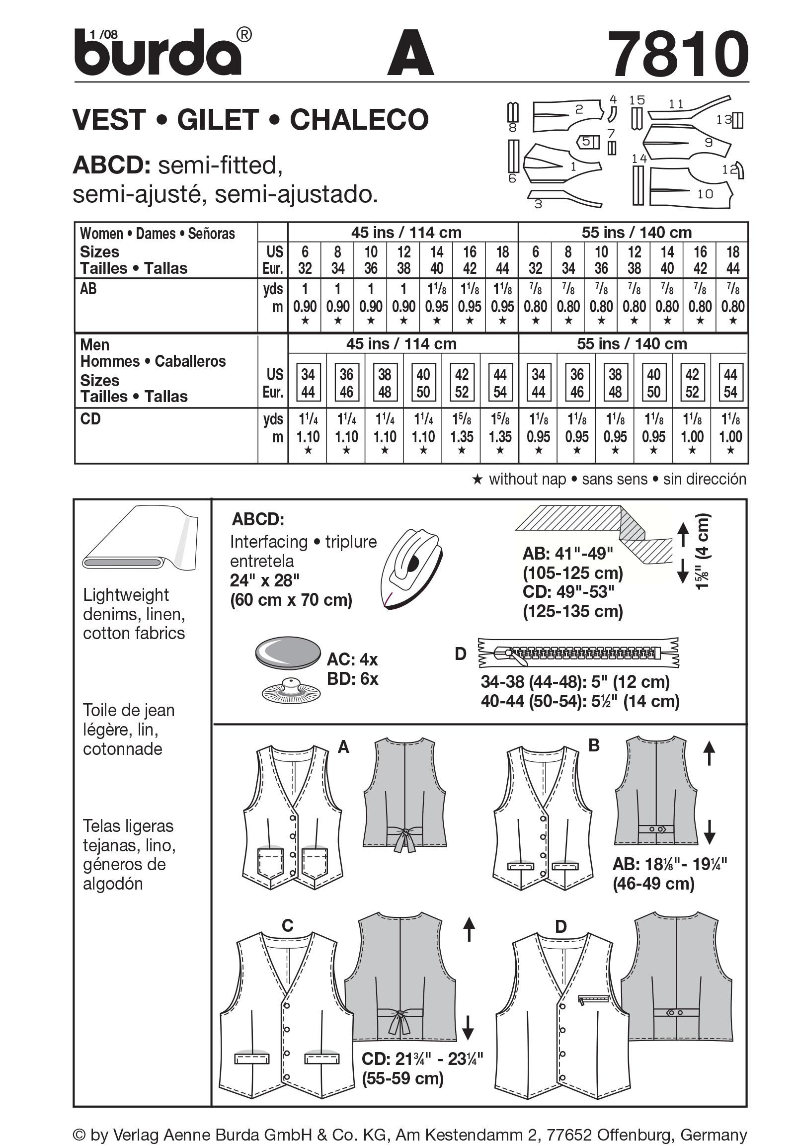 Burda B7810 Vest Sewing Pattern