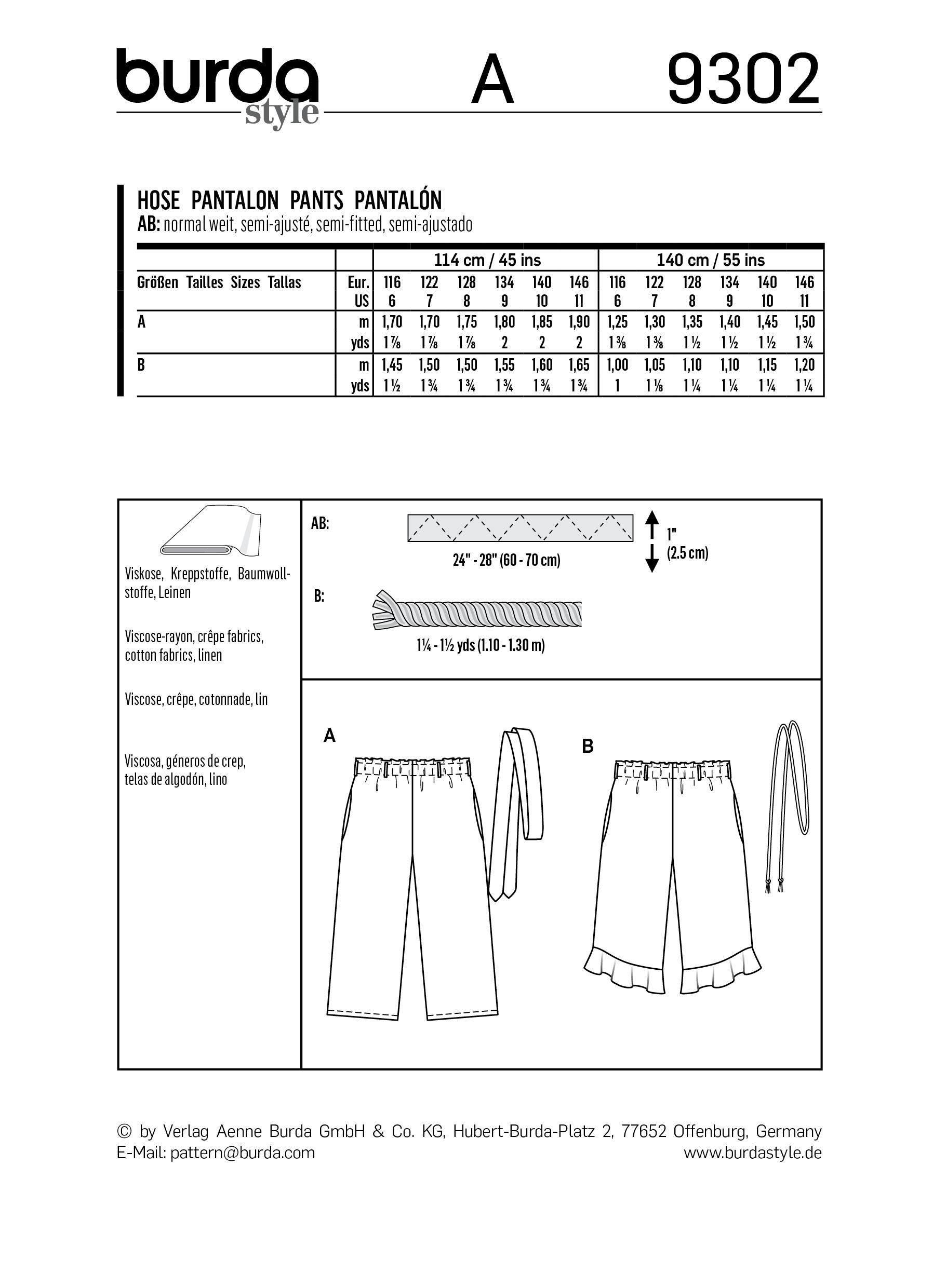 Burda B9302 Pants with Elastic Waist Sewing Pattern