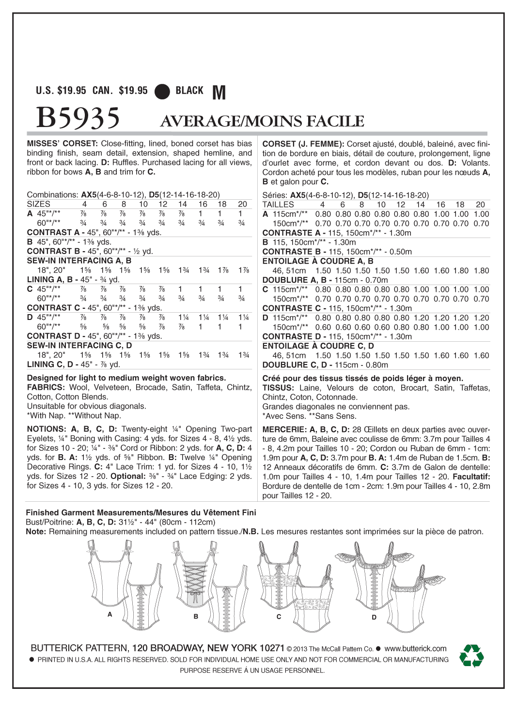 Butterick B5935 Misses' Corset
