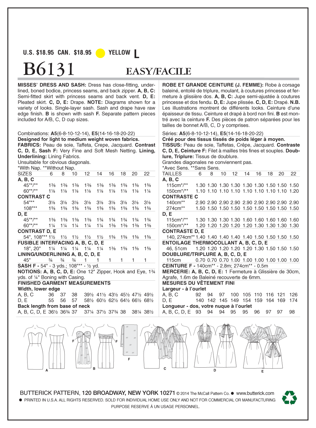 Butterick B6131 Misses' Dress and Sash