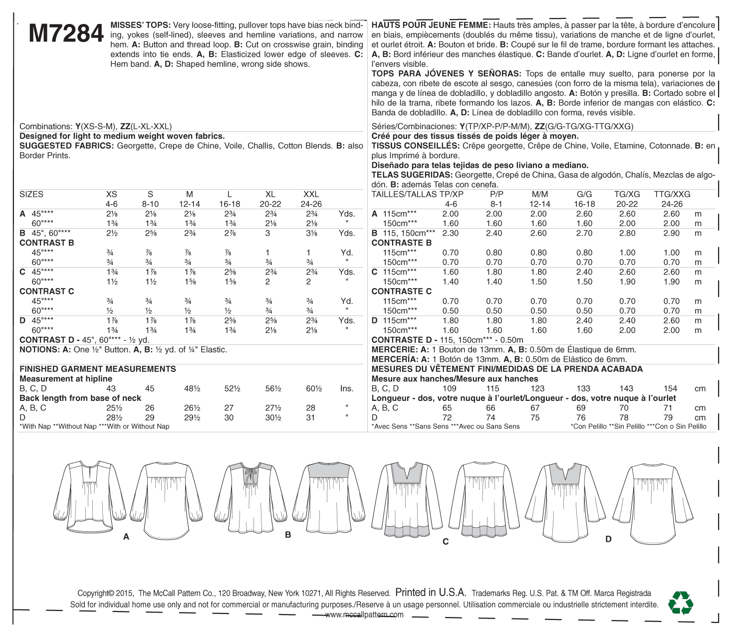McCalls M7284 Tops/Tunics