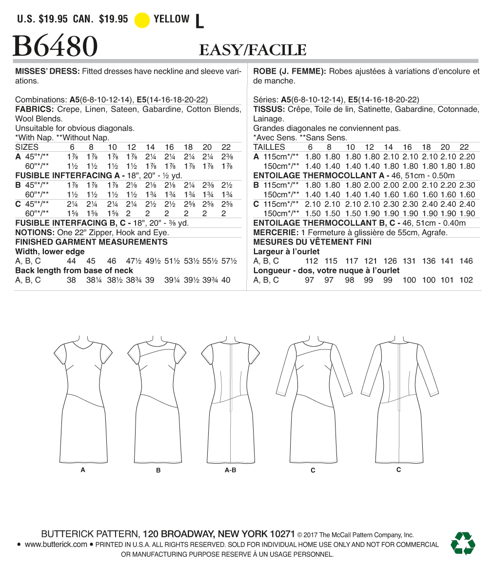 Butterick B6480 Misses' Fitted Dresses with Hip Detail, Neck and Sleeve Variations