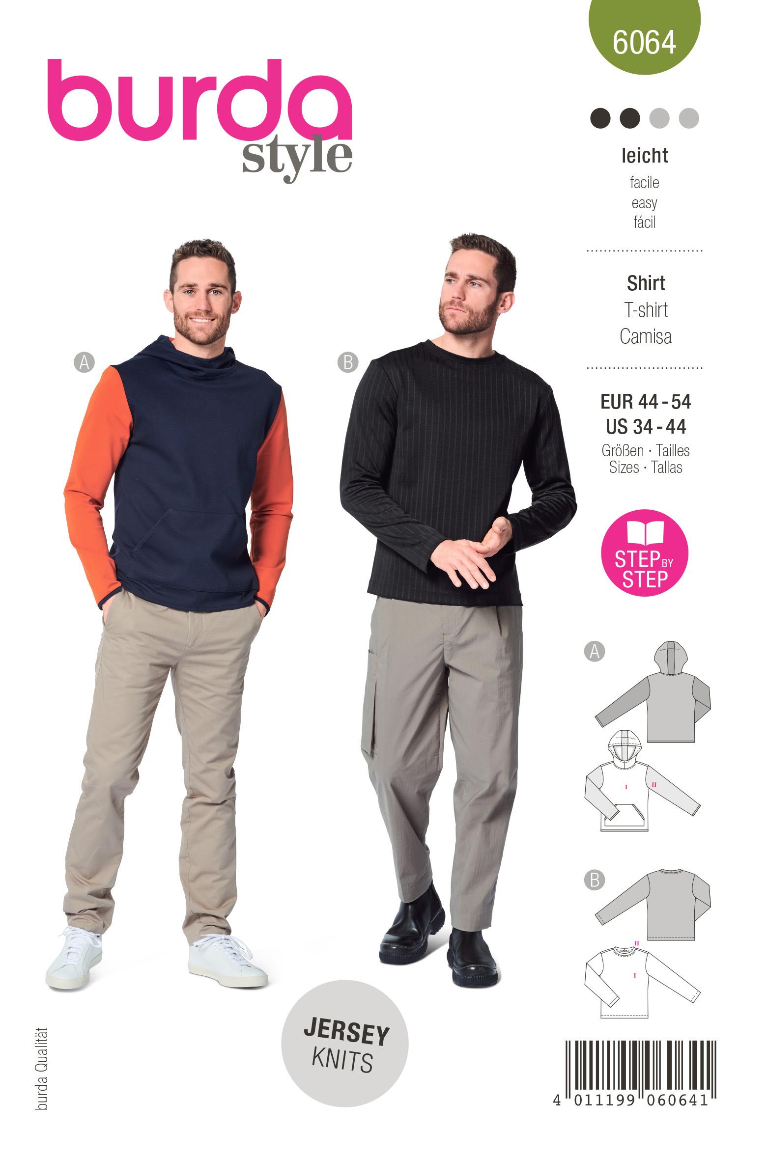 Burda Style Pattern 6064 Men's Classic Sweatshirt with Hood or Neckband