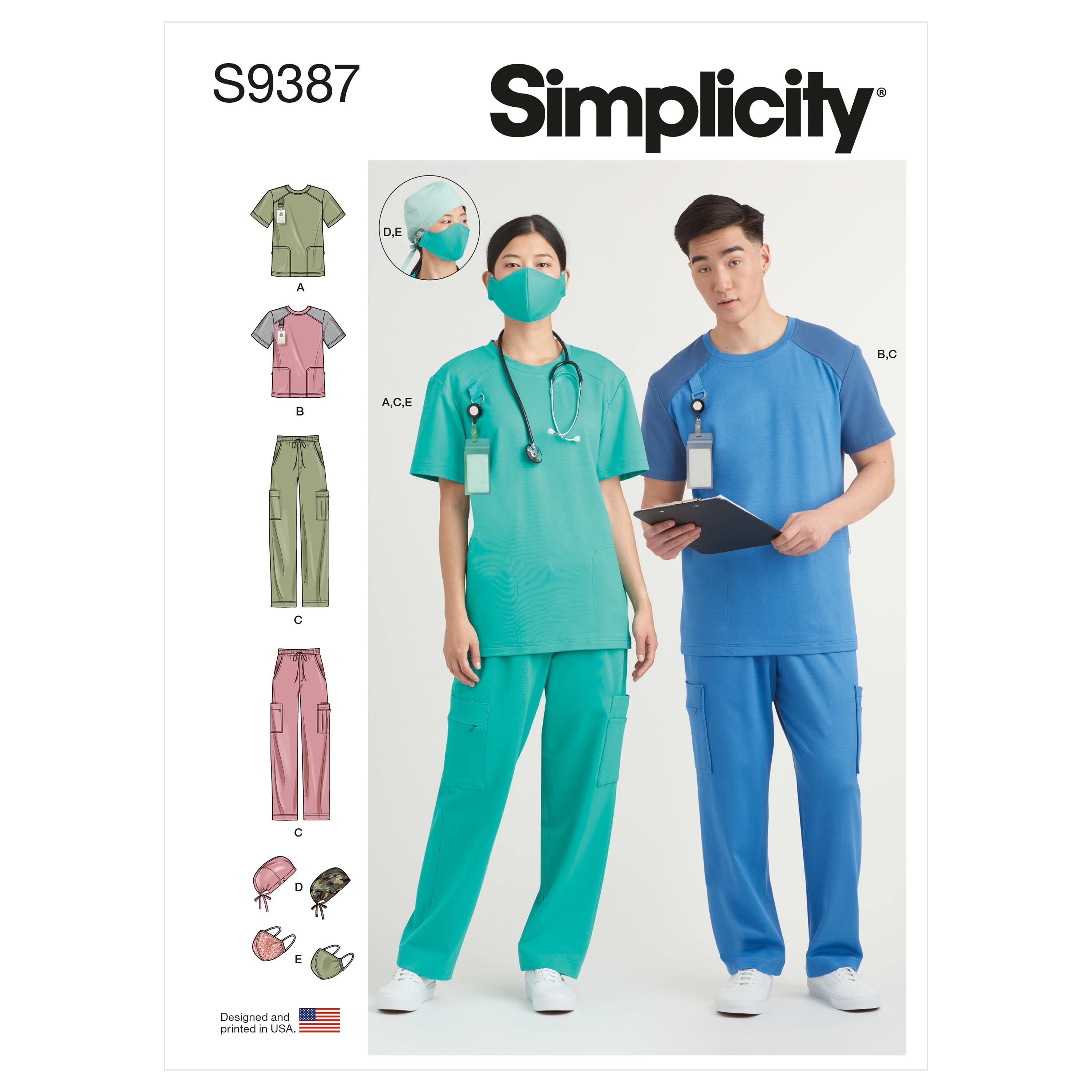 Simplicity Sewing Pattern S9387 Unisex Knit Scrub Tops, Pants, Cap and Mask