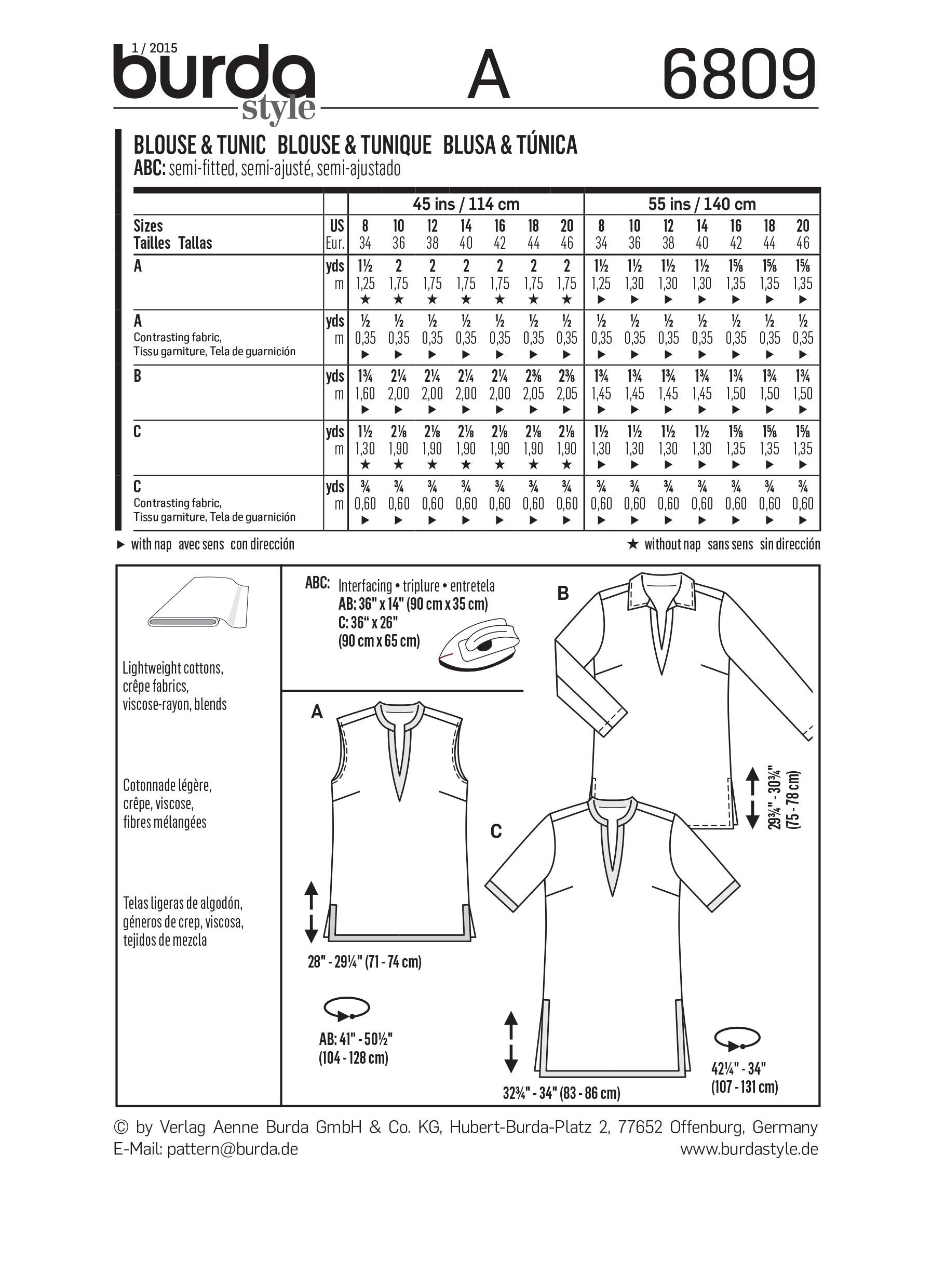 Burda B6809 Tops, Shirts, Blouses Sewing Pattern