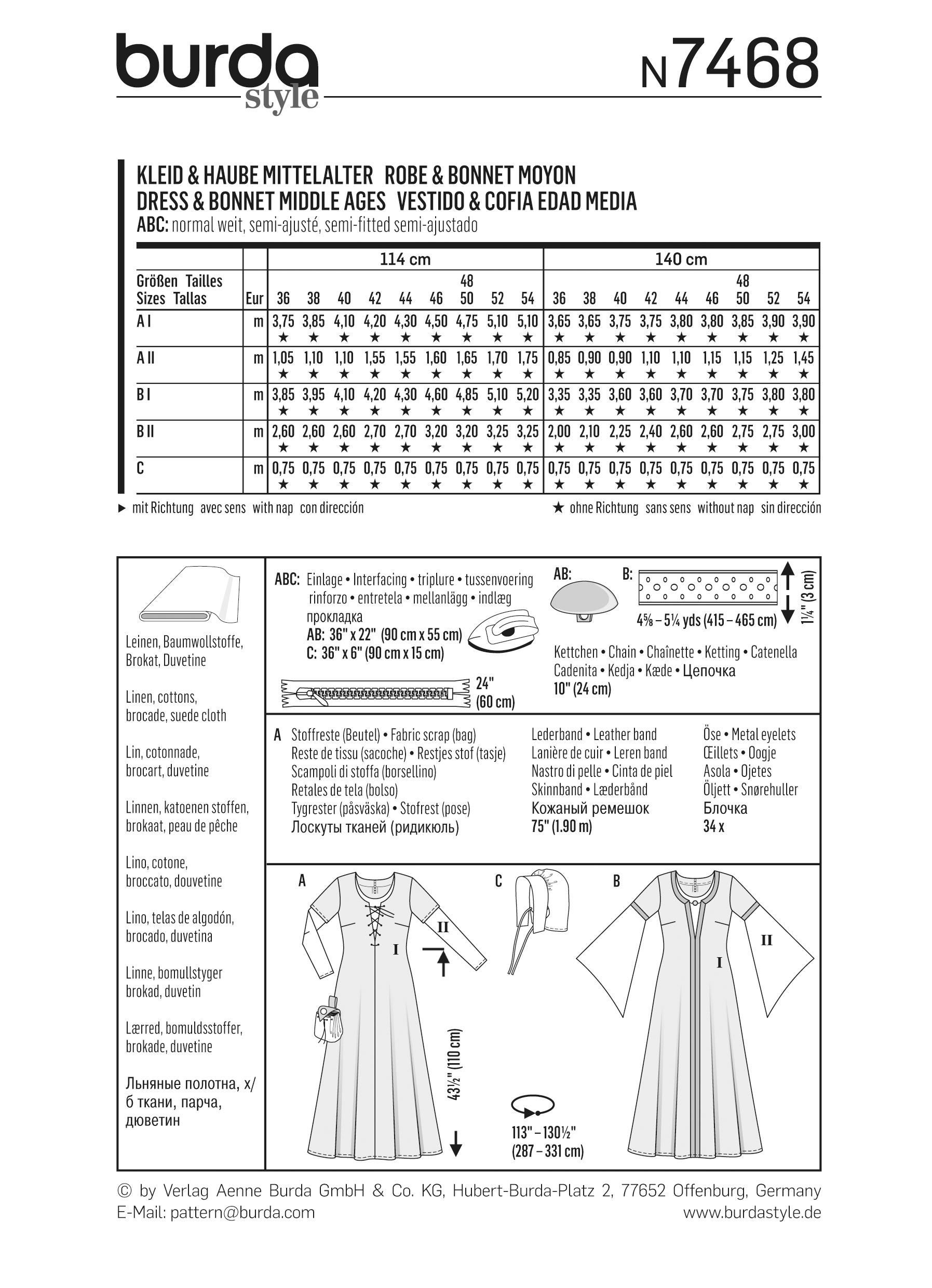 Burda B7468 Dress & Bonnet Middle Ages Sewing Pattern